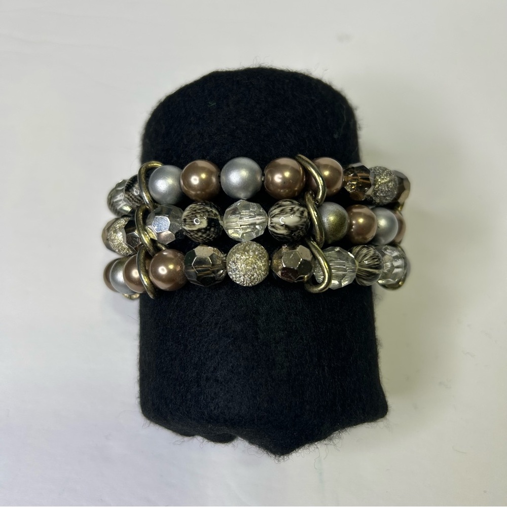 Multi-Color Jewel Tone Beaded 3 layered stretch Bracelet Gold, Brown, Silver